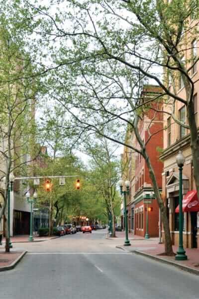 View down a downtown street.