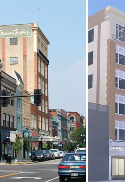 Exterior of a building and what the building will look like as Marshall University's Visual Arts Center