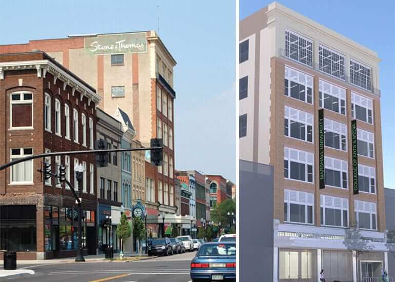 Exterior of a building and what the building will look like as Marshall University's Visual Arts Center