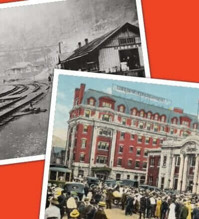 Two photographs on a red background. The first image is of train tracks through a town; the second is of a brick building with an American Flag posted on the roof.